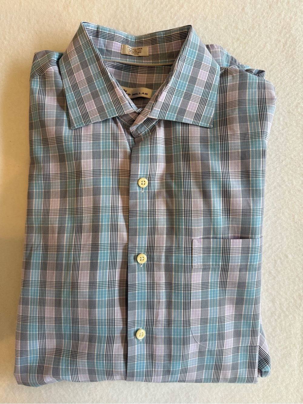 Peter Millar Plaid Dress Shirt in Teal and Light Purple size XL EUC
